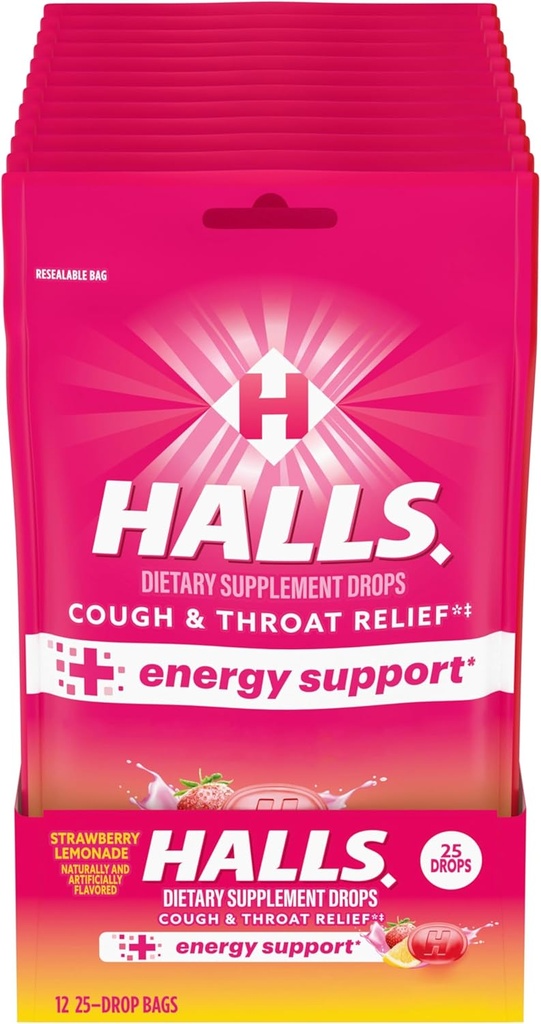 HALLS Relief + Energistøtte, Strawberry Lemonade Cough drops, 12 poser med 25 dråper (300 totale dråper)