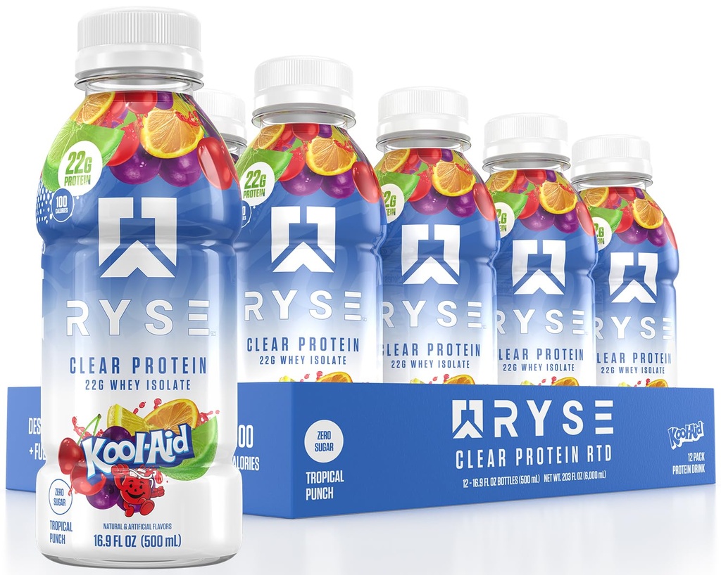 RYSE Clear Protein Drink - Kool-Aid Tropical Punch - 100 kalorier, 22g Whey Isolate Protein Shake, Sukker-fri, 0g Fat & Laktose-fri - Forfriskende Ready-to-Drink Drikke - 16,9 fl oz Flasker (12-Pack)
