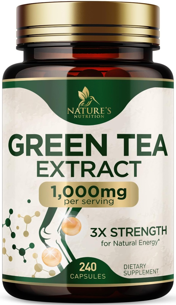 Grønn Te Ekstrakt Kapsler 1000 mg - Standardisert 45% EGCG og 98% Polyfenoler - 3X Styrke Grønn Te piller for naturlig energi - støtter hjerte helse, urtetilskudd, vegansk, ikke-GMO - 240 Kapsler