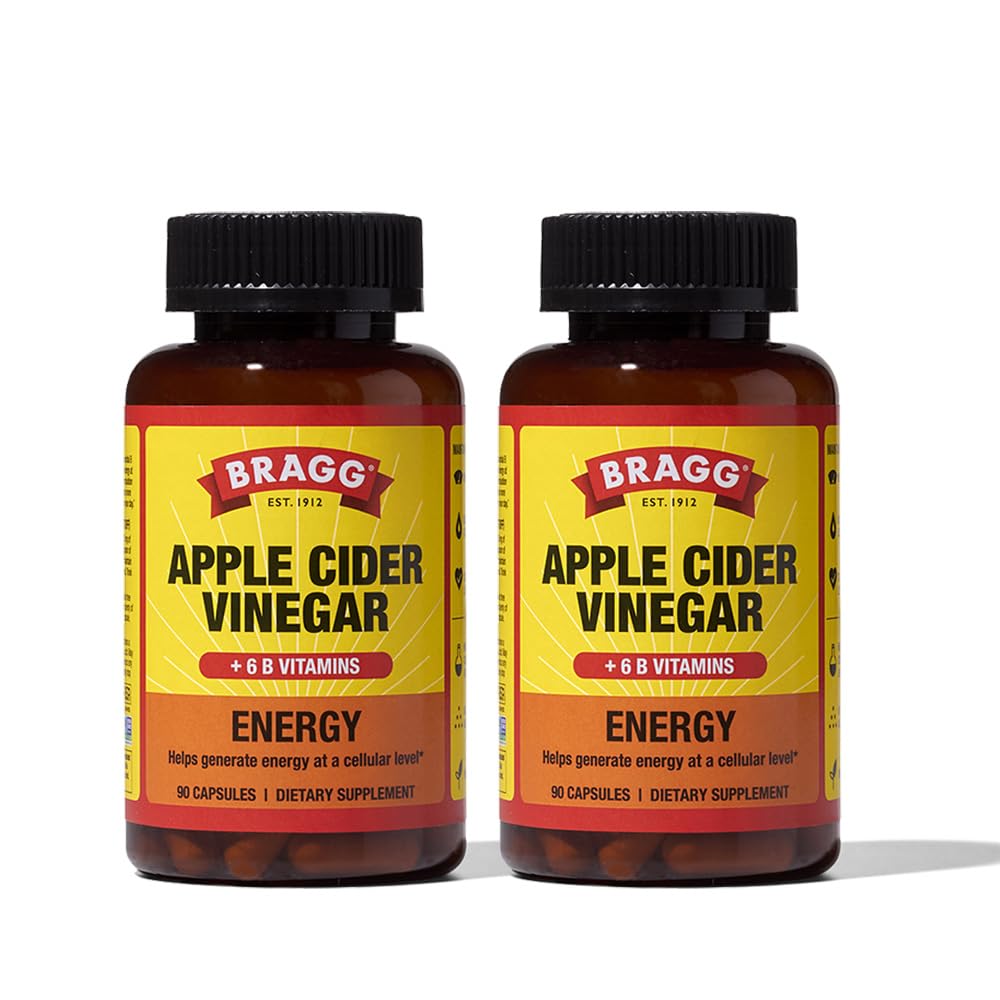 Bragg Energi Apple Cider Vinegar Kapsler med B-12 Vitaminer - 90 Kapsler (2 Pakke) - Vektstyring - Ikke-GMO, Vegan, Glutenfri - Hjelper generere energi på cellenivå for menn og kvinner
