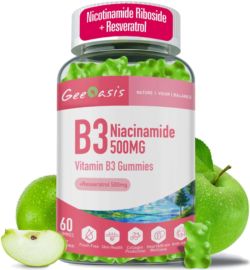 Niacinamide 500mg Gummies, Chewable Vitamin B3 Supplement med Resveratrol 500mg, høy potens Niacin for antioksidant, Hud og hjerne helse, Immunstøtte, Vegansk Apple Flavor, 60 greve