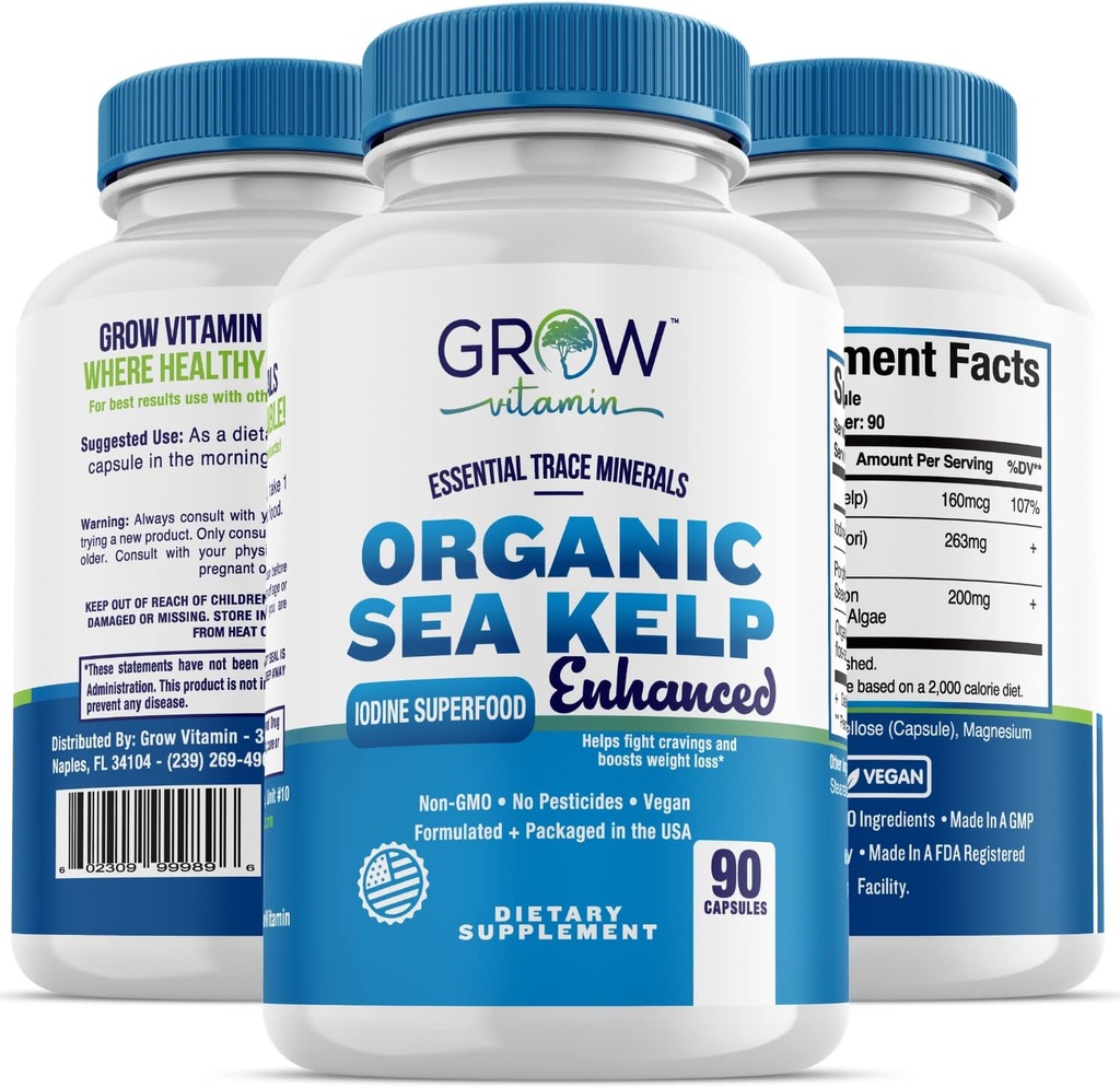 Organic Sea Kelp (Islandsk) Forbedret - ren sunn Thyroid støtte Naturlig iodin Supplement w/Organic Sea Kelp, Blå-grønn Algae & Red Algae - Immunsystem & Metabolisme Support - 90 Kapsler