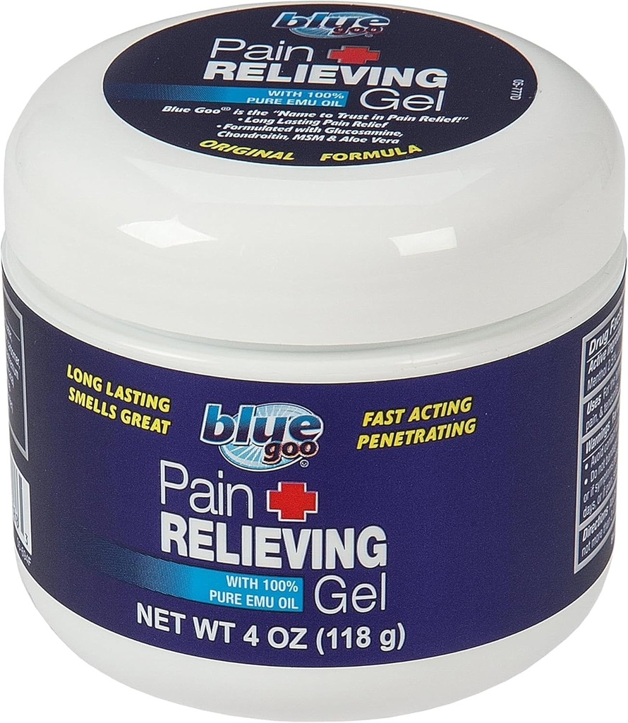 Blå Goo Pain Relief Gel – Relief for rygg, hals, muskel- og leddsmerter, rask-aktiv kjøling og beroligende relief med 100% ren emu olje, 4 oz (1 pakke)