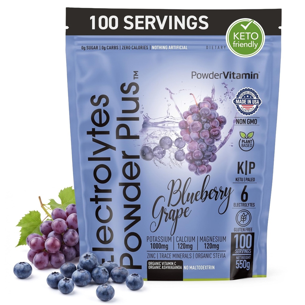 Electrolytes pulver Plus (100 Serveringer) Blåbærkorn Electrolyte pulver sukker gratis, keto, 0 sukker, ingen Maltodextrin, 1000 mg kalium, 120 mg kalsium,120 mg magnesium, Hydration