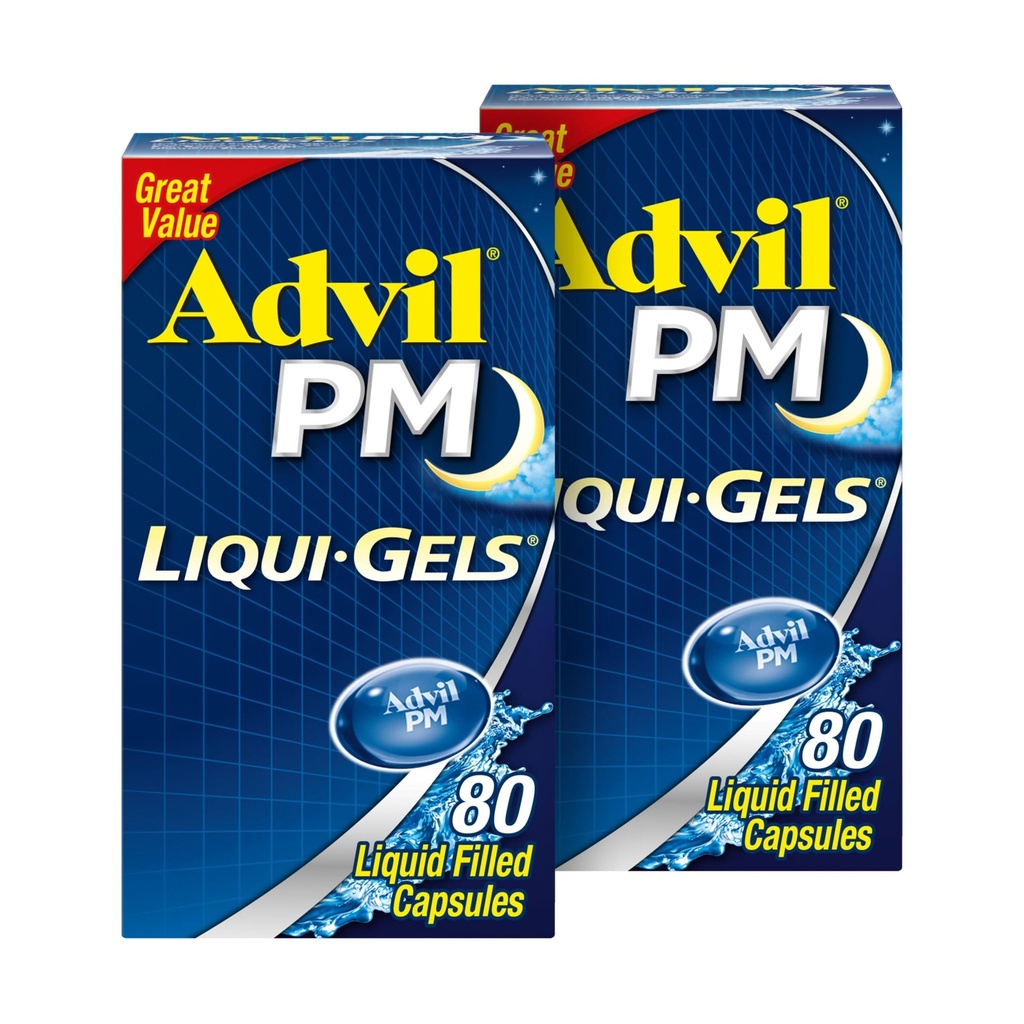 Advil PM Liqui-Gels smertefri og natt søvnhjelp, smertemedisin med Ibuprofen for smertelindring og diphenhydramin HCL for en søvnhjelp - 2x80 flytende fylte kapsler