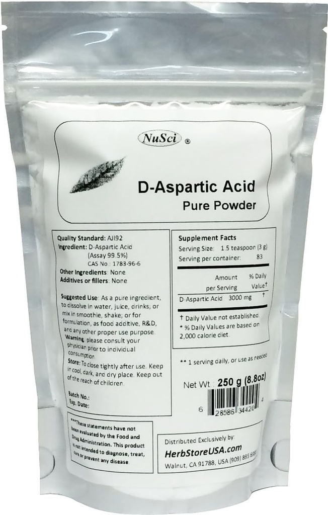 Ren D-Aspartic Acid (DAA) pulver AJI kvalitet standard (250 gram (8,8 oz))