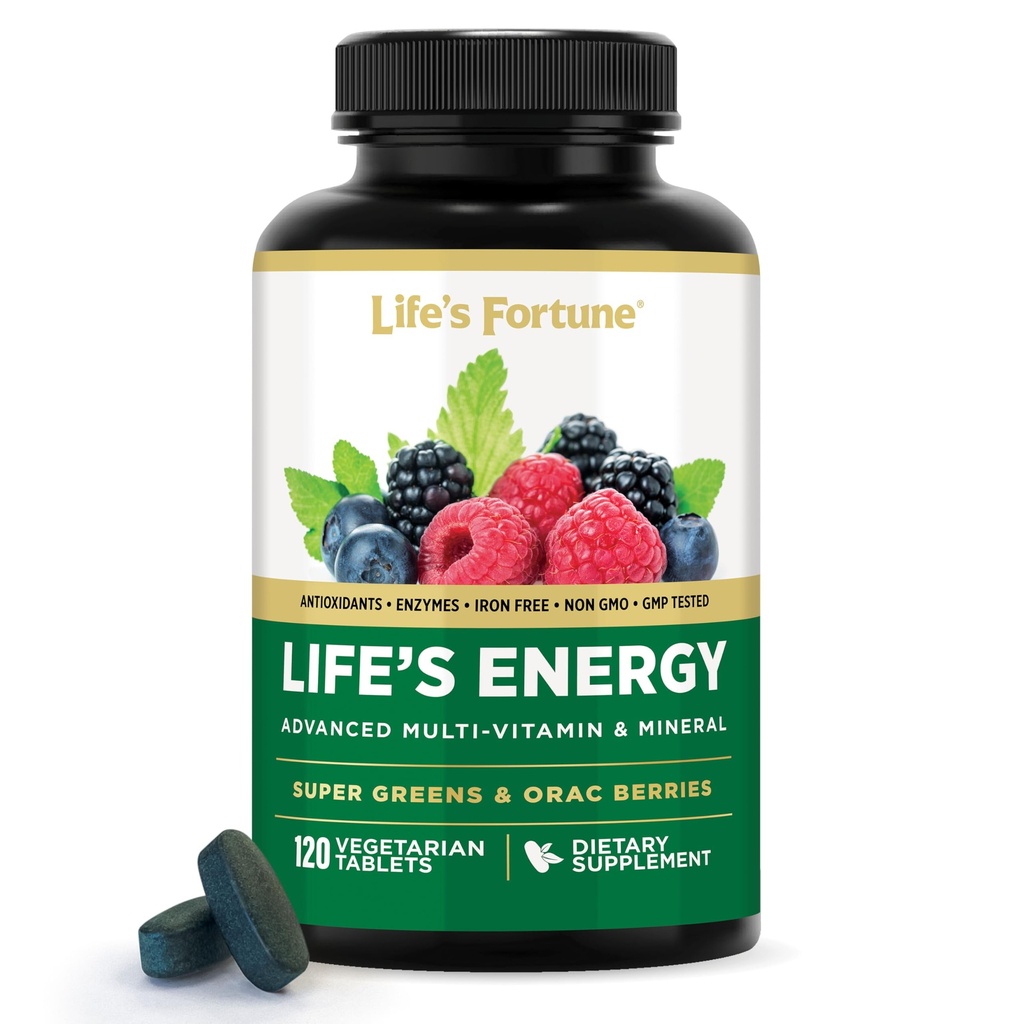 Livsenergi Advanced Daily Multivitamin for menn og kvinner, Energi og immunstøtte Supplement med Super Greens - Antioksidanter og enzymer - jernfri, vegetarisk, 120 tabletter av livets Fortune