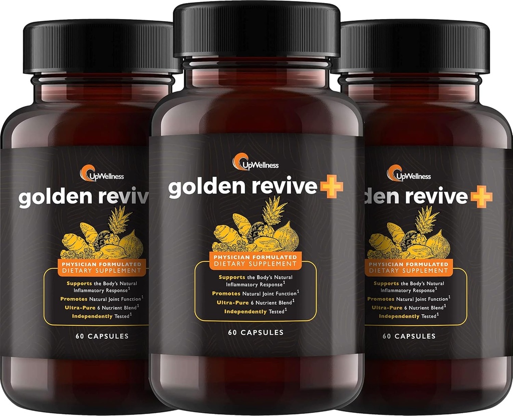 Upwellness Golden Revive + Joint Support Supplement med gurkemeie med svart pepper, Quercetin og magnesium- gurkemeie Boswellia Supplement - 6 aktive ingredienser - 60 kapsler, 3 pakke