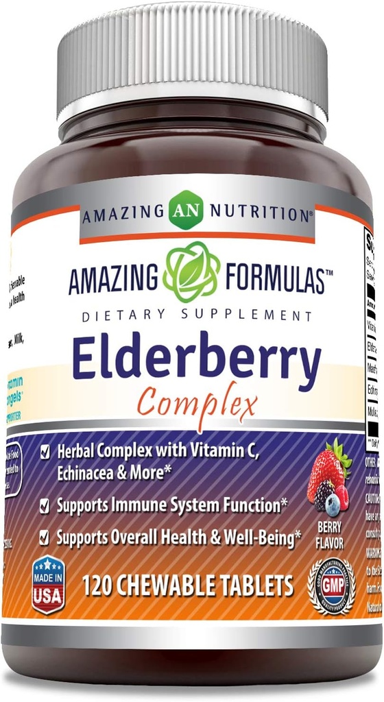 Amazing Formler Elderberry Complex Supplement | 120 Chewable tabletter | Berry Flavor | Ikke-GMO | Glutenfri | laget i USA