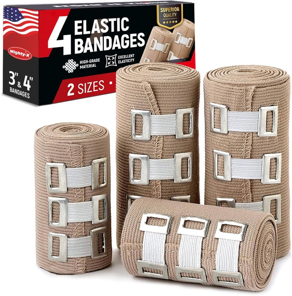 Premium Elastic Bandage Wrap - 4pk (2x3in, 2x4in) + 12 ekstra Clips - Sterk komprimering Bandage Wrap for wrists, ankler, føtter og kne