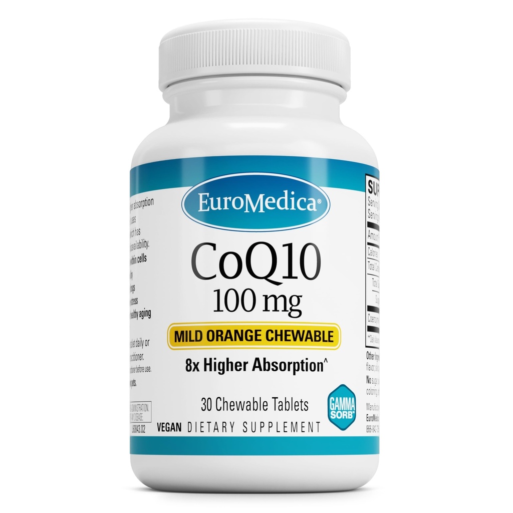 EuroMedica CoQ10 100 mg - Cellular Energy Support Supplement - Høyere absorpsjon CoQ10 Chewable Supplement - ernæringsmessig Supplement til å hjelpe sunn aldring og hjerne helse - 30 Chewable Tabletter