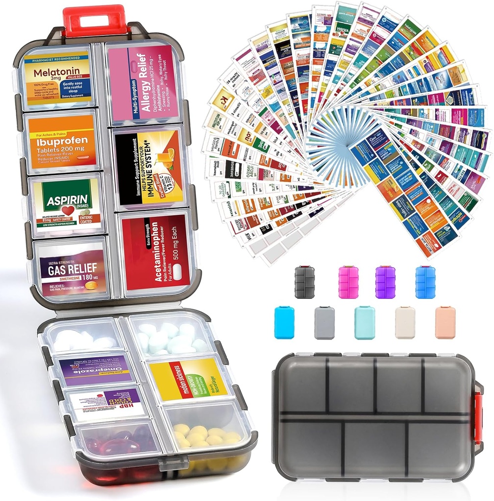 14 Grids Travel Pille Organizer Box med 415-Pcs Medisin Navn etiketter - Pocket Daily Pharmacy Case Container Kit - Reisemedisinholder Dispenser for Fish Oil Vitamin Supplerende Oppbevaring - Fjern Grå