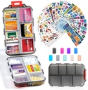 14 Grids Travel Pille Organizer Box med 415-Pcs Medisin Navn etiketter - Pocket Daily Pharmacy Case Container Kit - Reisemedisinholder Dispenser for Fish Oil Vitamin Supplerende Oppbevaring - Fjern Grå