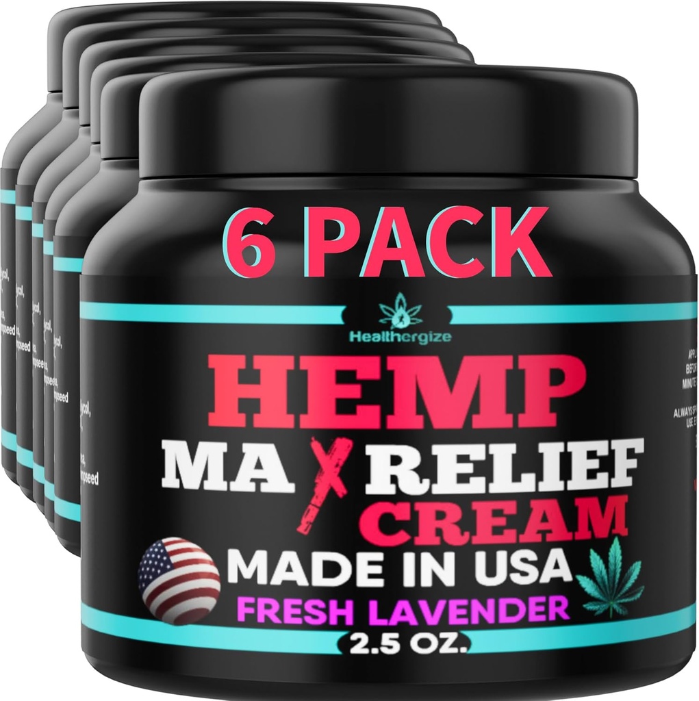 6PACK Healthergize Hemp Cream-Naturlig Premium Quality-Full Body Relief Instant Results-Hemp Olje Infused-Lavender, Aloe, Turmeric, Akser, Muskler, Joints, Muskler, Rygg, Knees, Neck-Made i USA...