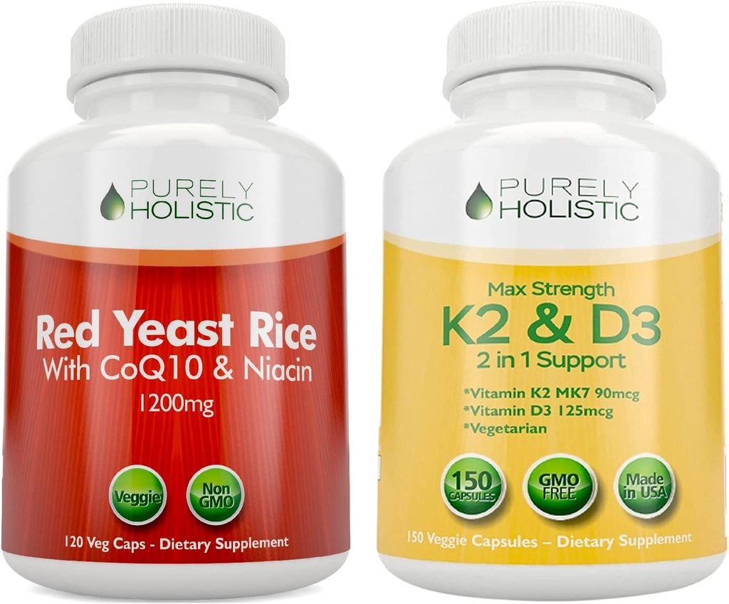 Rent Holistisk Rød Yeast Rice 1200mg med CoQ10 & Niacin + vitamin D3 5000 IU (125mcg) & K2 MK7 90mcg Bundle - 270 vegetariske kapsler - laget i USA