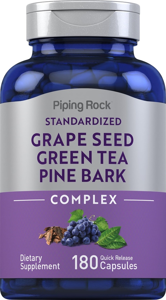 Piping Rock Grape frø, grønn te & Pine Bark kompleks | 180 kapsler standardisert ekstrakt | Ikke GMO, Glutenfri Supplement