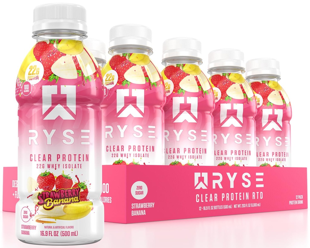 RYSE Clear Protein Drink - Strawberry Banana - 100 kalorier, 22g Whey Isolate Protein Shake, Sukkerfri, 0g Fat & Laktosefri - Forfriskende Ready-to-Drink Dressing - 16,9 fl oz Flasker (12-Pack)