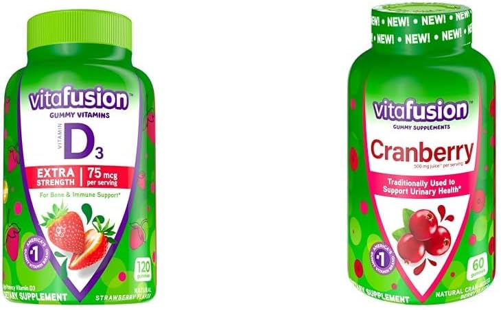 Vitafusion Ekstra styrke Vitamin D3 Gummy Jordbær Flavored Bone & Immune Support (120 greve) + Cranberry Gummies for kvinner urin helse støtte (60 greve)