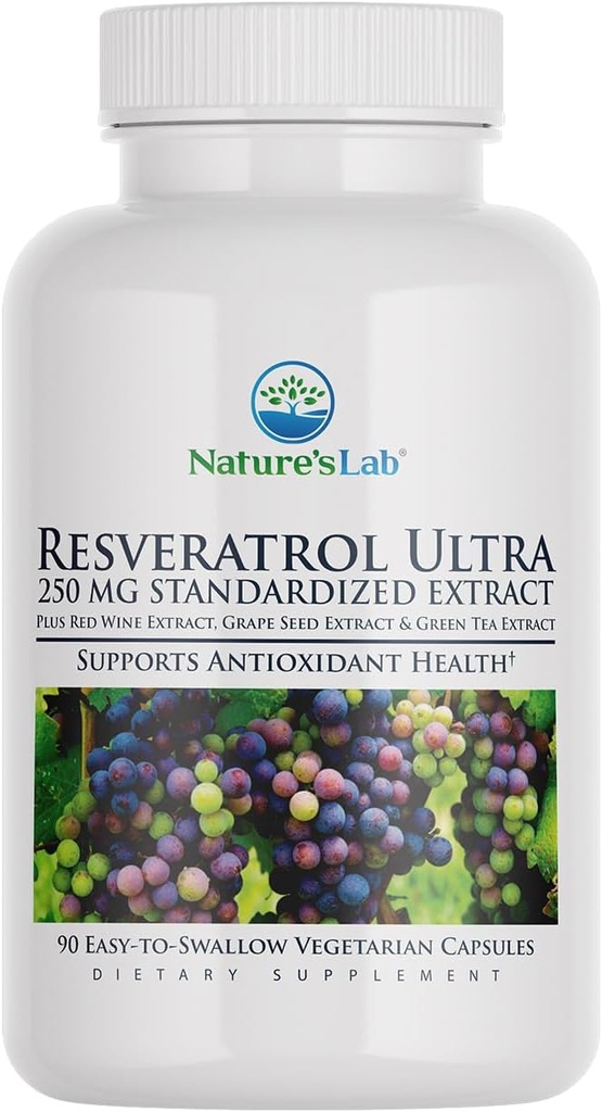 Naturens Lab Resveratrol Ultra - Antioksidant Supplement* - 250mg Trans-Resveratrol, Rødvin Ekstrakt, Grønn Te Ekstrakt- Ikke-GMO, Glutenfri, Vegan – 90 greve (3 måneders forsyning)