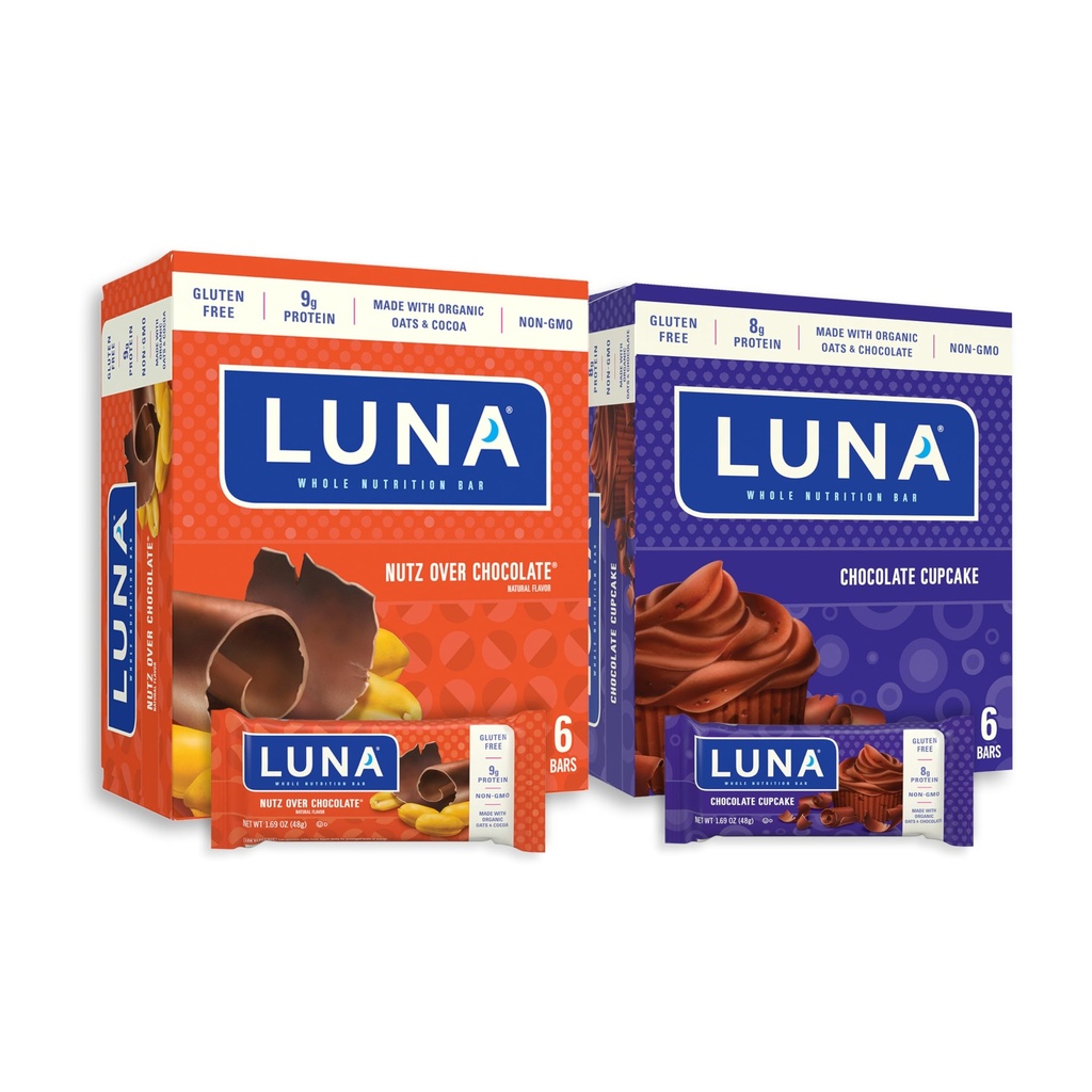 LUNA Bar - Variety Pack - Nutz Over Sjokolade og Sjokolade Cupcake Flavor - Snack Barer - Ikke-GMO - Glutenfri protein Barer - laget med økologisk havre (12 Pack, 2 Boxes)