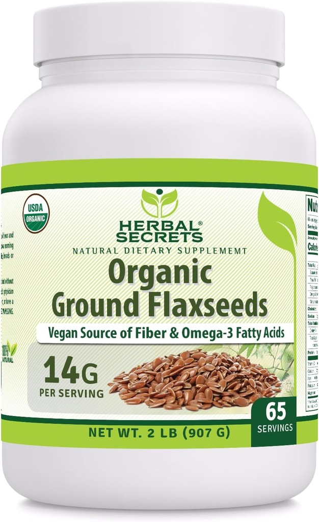 Herbal Secrets USDA Organic Ground Flaksfrø 2 Lbs pulver | 14 Grams Per Serving | 65 Servings | Utmerket Vegansk Kilde til Fiber & Omega -3 Fatty Acids | Ikke-GMO (2 Lb | 1 Pack)
