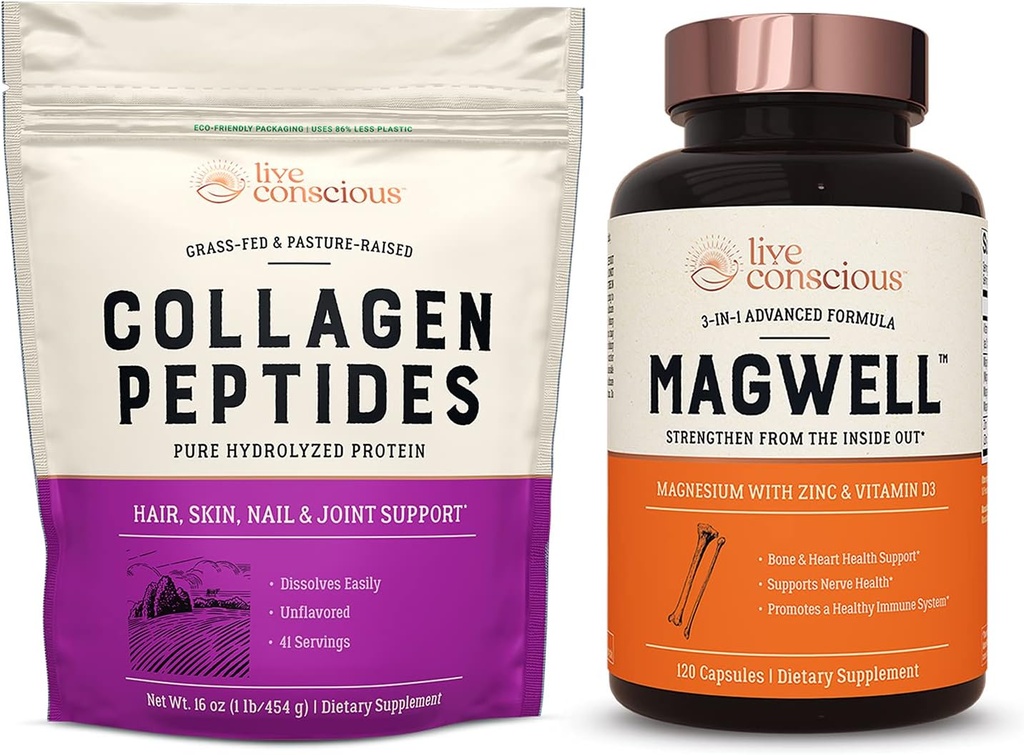 Live bevisst kollagen Peptider & MagWell Magnesium Sink & vitamin D3 | Håret, huden, neglen, og felles støtte + Bein og hjerte helse, immunsystem støtte