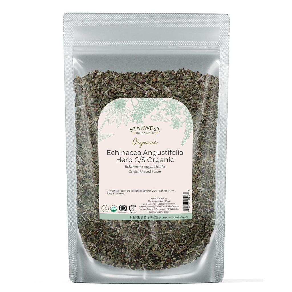 Starwest Botanicals tørket Echinacea Angustifolia Organic - Løs Leaf Urt for te, tinkturer, og naturlige urteblandinger, Cut & Sifted, sertifisert Kosher, ikke-GMO - 4 oz Pouch