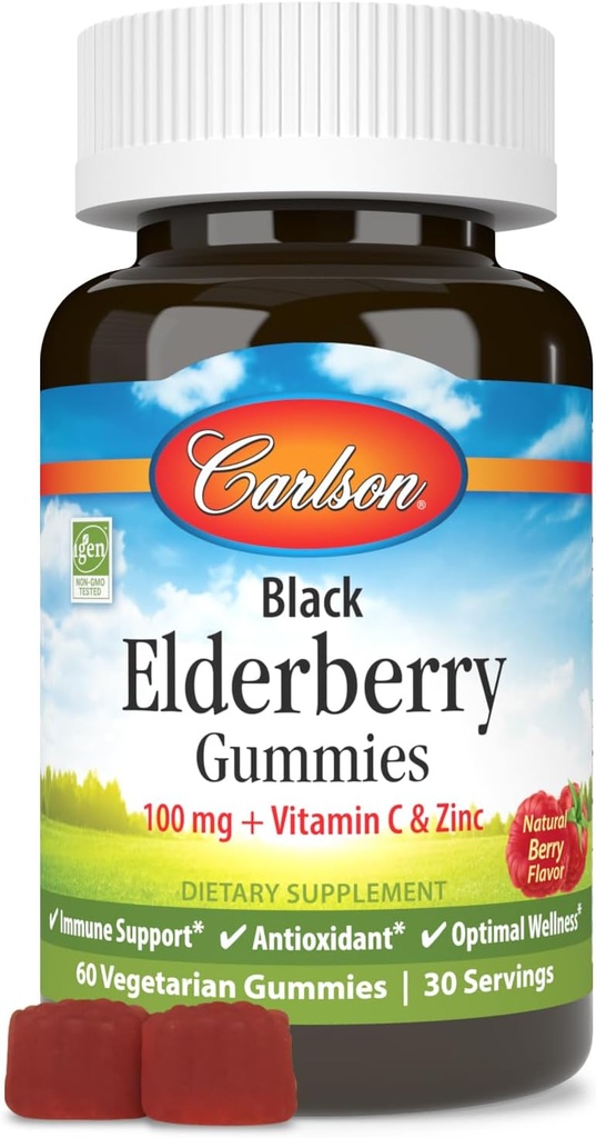 Carlson - Black Elderberry Gummies, med vitamin C & Zinc, Immunstøtte, 60 Gummies