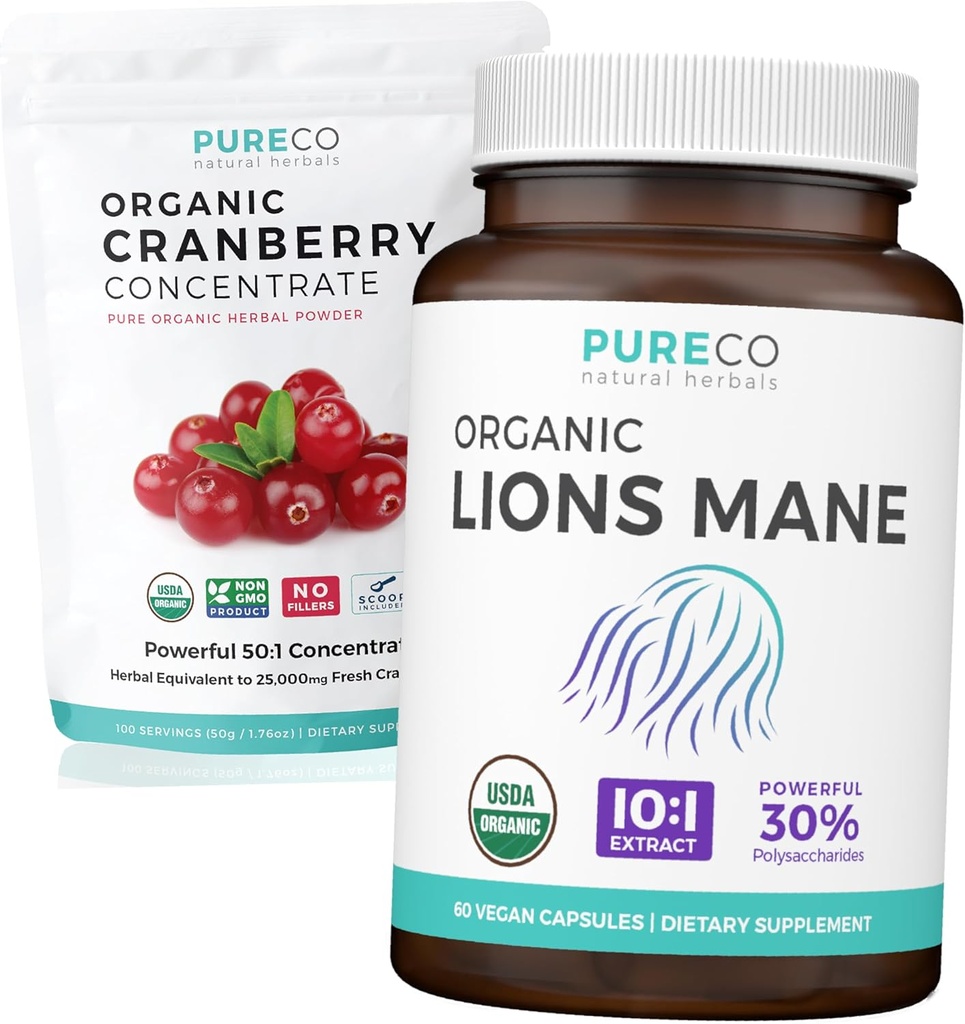 Cranberry Powder & Lions Mane (1-måneders forsyning) Mindful Cranberry Bundle av organiske Cranberry konsentrat pulver 50:1 Ekstrakt (100 Scoops) & organiske Lions Mane Mushroom 10:1 Ekstrakt (60 Caps)