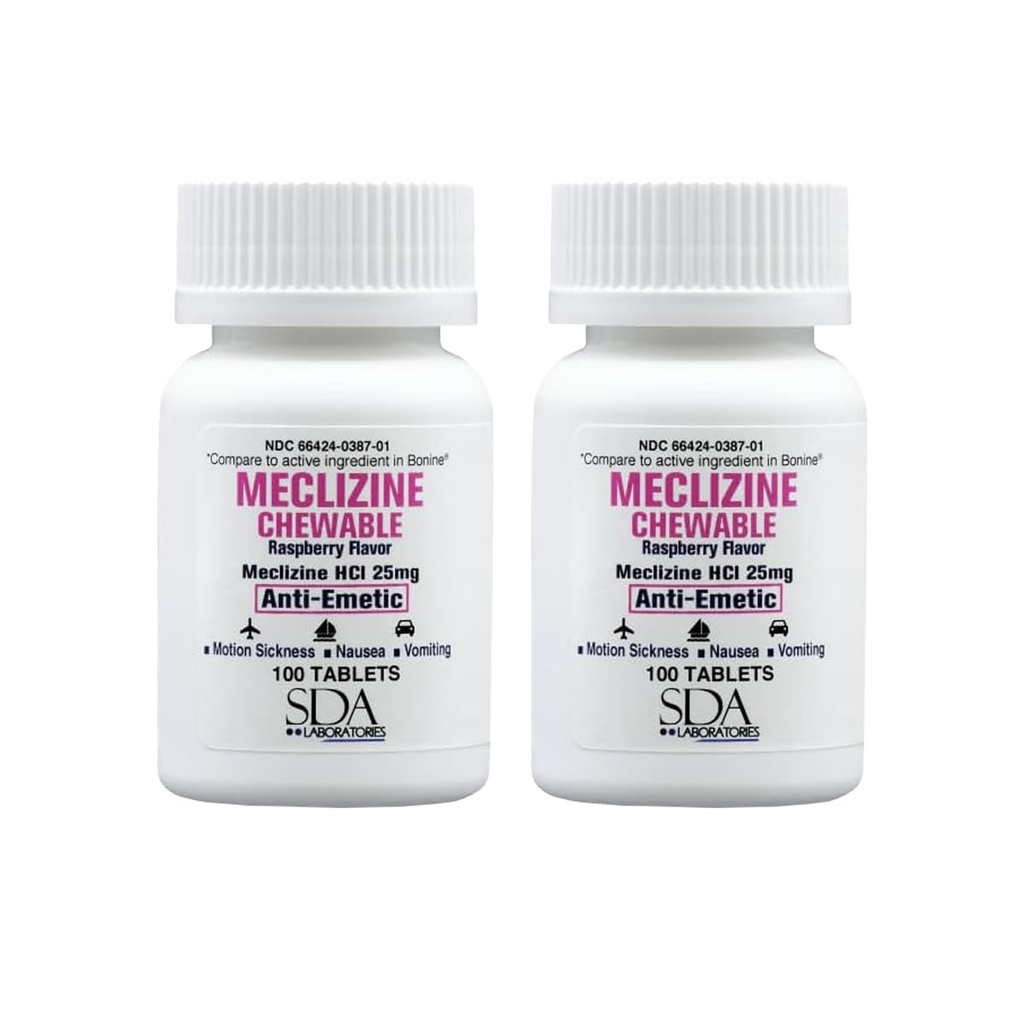 SDA LABORATORIES Meklizine 25mg Chewable tabletter, Anti-Emetiske, bringebær flavor, bevegelsessykhet og vertigo lindring for svimmelhet, besvimelse, flytende reisehjelp (2 flasker av 100 greve)