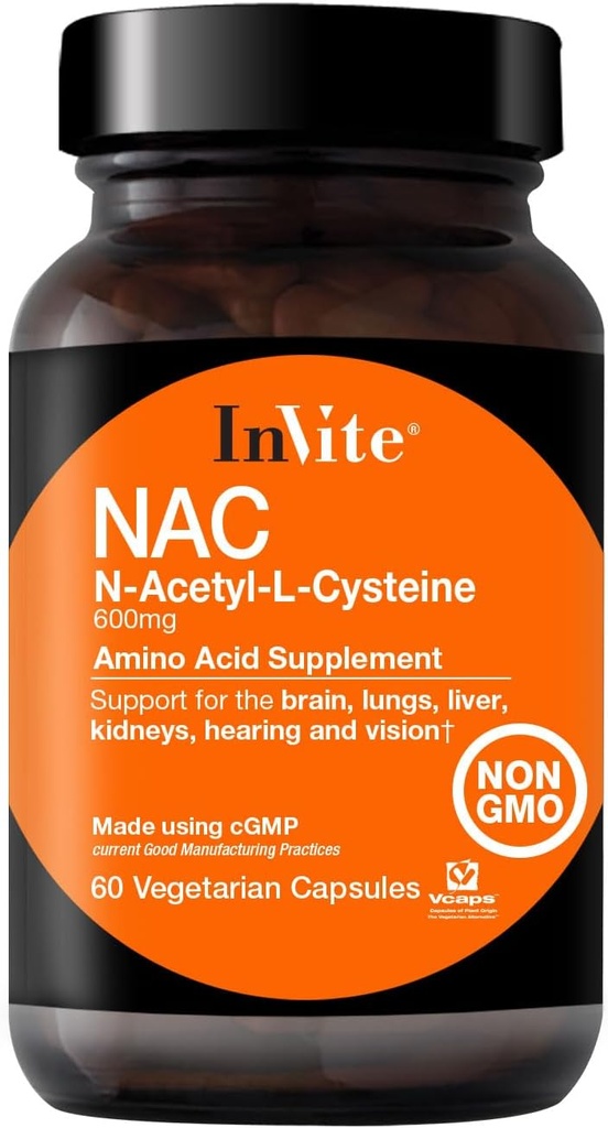 Inviter Helse N-Acetyl Cysteine (NAC) - støtter lever- og hjernehelse - Leverer essensielt aminosyre L-cystein og en prekursor til Tripeptid Glutathion - 60 vegetariske kapsler