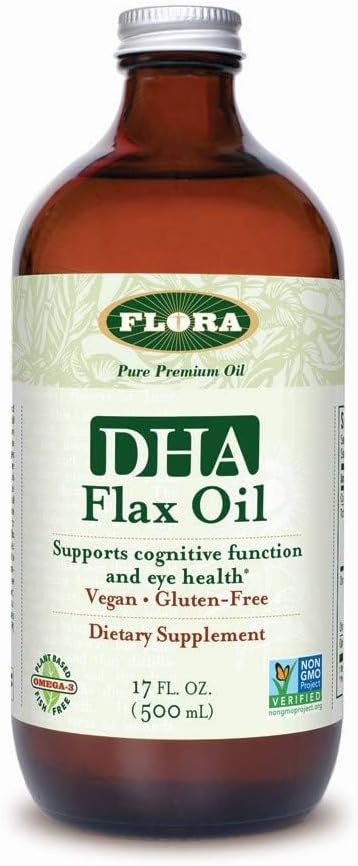 Flora DHA Flax Oil - Støtter Hjerne Helse - Inneholder Vegan Omega 3-6-9, Glutenfri, Kosher & Ikke-GMO - Holde Chilled - Glassflaske - 17 fl oz.