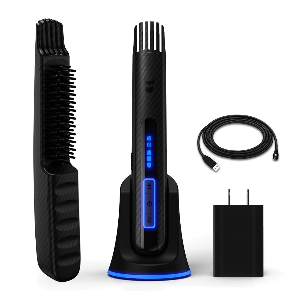 Skjeggkampen Carbon X - Oppvarmet Skjeggbørste + Beard Straightener for menn - Trådløs Skjeggbørste & Straightening Comb - Oppladbar, 3 Varmeinnstillinger, Mikro-Fiber beskyttende erme inkludert
