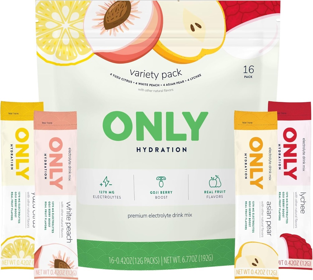 Variety Pack 1270 mg Electrolyte pulver - 3g sukker - Monk frukt søtning - Ingen kunstige flavors - Superfood Goji Berry - vitaminer C, B6, B12 - On-The-Go Sticks - 1 pakke (16 pakker)