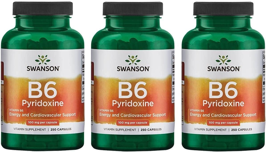 Swanson B6 Pyridoxin - vitamin Supplement fremme kardiovaskulær helse og energimetabolisme - Naturlig formel fremme total velvære - (250 kapsler, 100 mg hver) 3 pakke