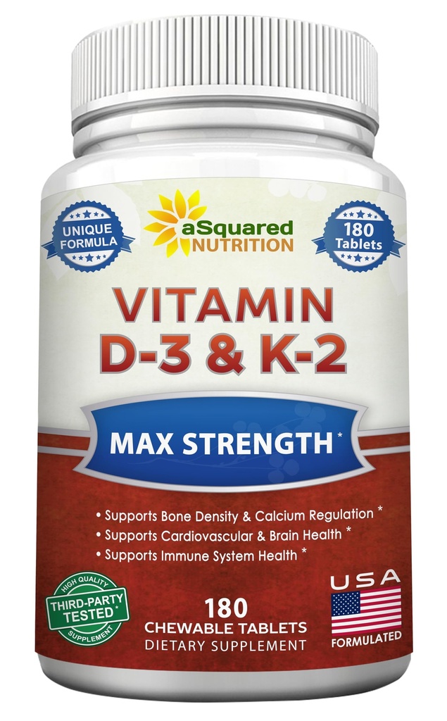 aSquared ernæring vitamin D3 med K2 Supplement-180 Chewable tabletter, Max styrke D-3 Cholecalciferol & K-2 MK7 for å støtte sunne bein, tenner, hjerte -antioksidant D3 & K2 MK-7 energiformula voksne