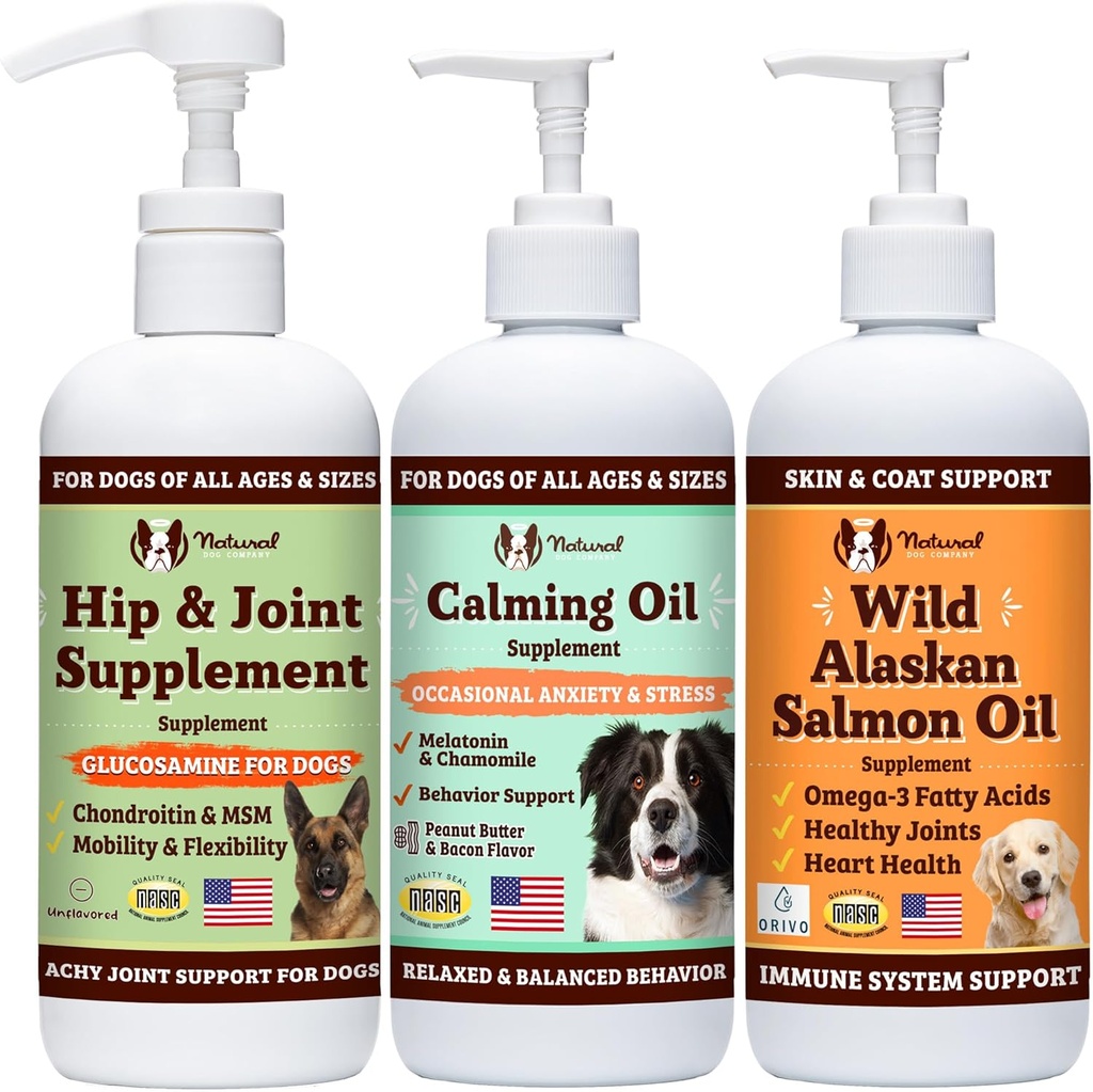 Naturlig hund selskap velvære Bundle Food Oil Toppers inkludert (1) Wild Alaskan Salmon Oil, (1) flytende glukosamin, (1) beroligende olje