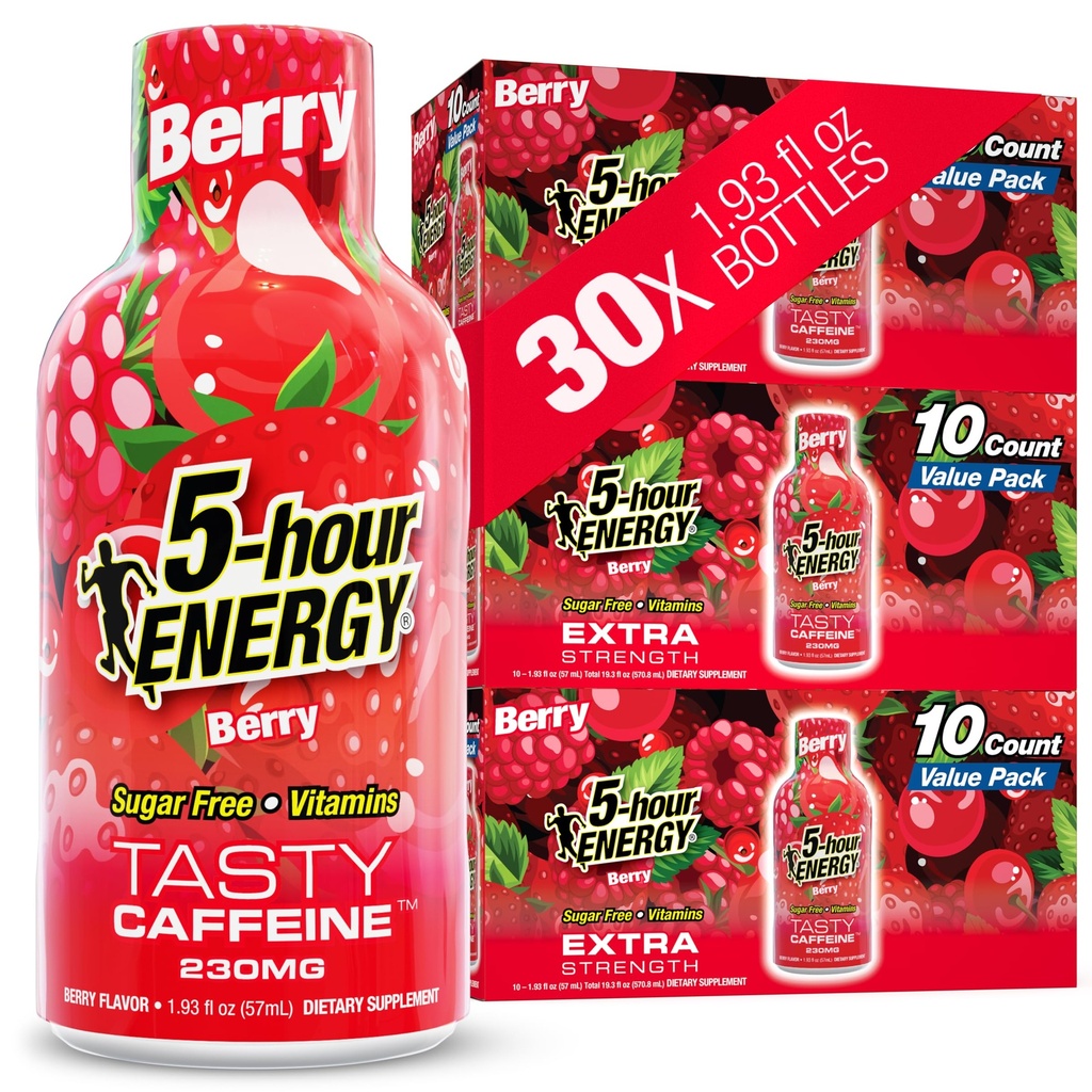5-timers ENERGY Shots Extra Styrke, Berry Flavor, 30 greve, 1,93 Fl Oz, Sukkerfri, null kalorier, Aminosyrer og essensielle B-vitaminer, Diett Supplement, Føler Varsel og Energized, 230 mg Koffein