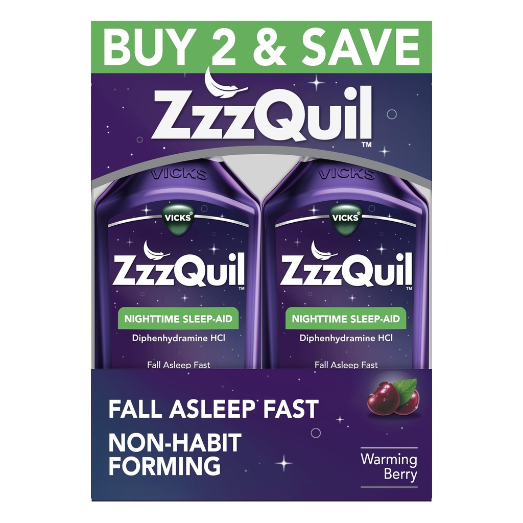 ZzzQuil, søvnhjelp, natt søvnhjelp væske, 50 mg difenhydramin HCl, fall søvn raskt, ikke-habit forming, varme Berry Flavor, 12 FL OZ (pakke med 2)