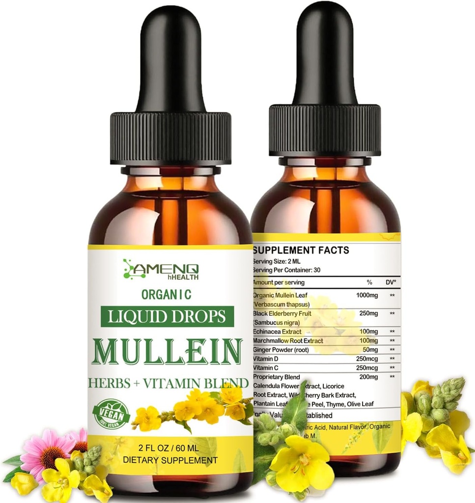 Mullein Drops for Lungs, Lung Detox & Cleanse for røyker, Organisk Mullein Leaf ekstrakt for Lungs w. Elderberry, Ginger, Mullein Tinktur alkohol Gratis for andning lunge helse 2 FL/OZ
