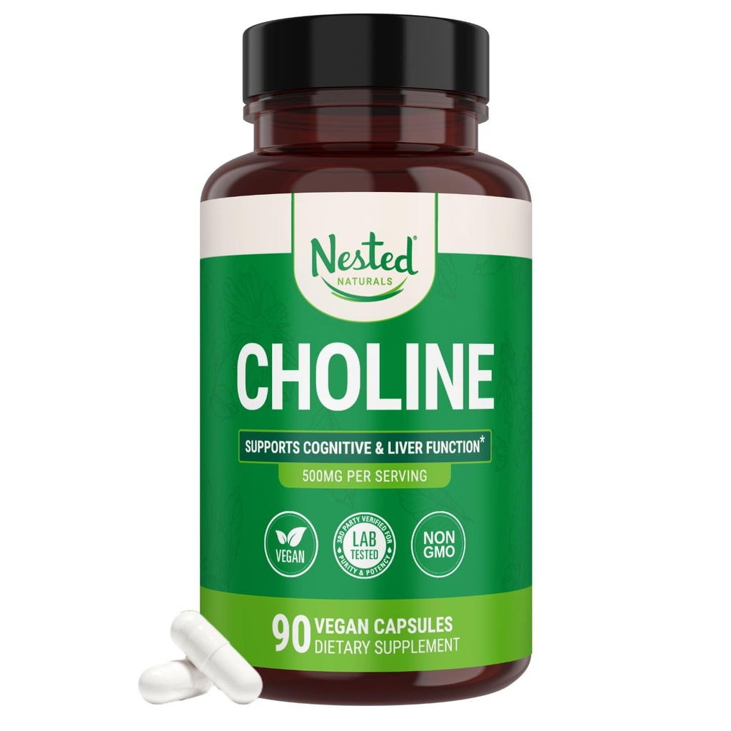 Nestet Naturals Choline Bitartrate 500mg - høy potens Choline Supplement - støtter kognitiv ytelse og leverfunksjon - 100% Vegan & ikke-GMO Choline - 90 Vegan Capsules