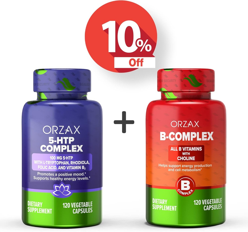 ORZAX 5 HTP Complex 100 Mg 120 Vegatable kapsler og vitamin B-kompleks, B-vitaminer med Choline & Inositol 120 kapsler, Bundle