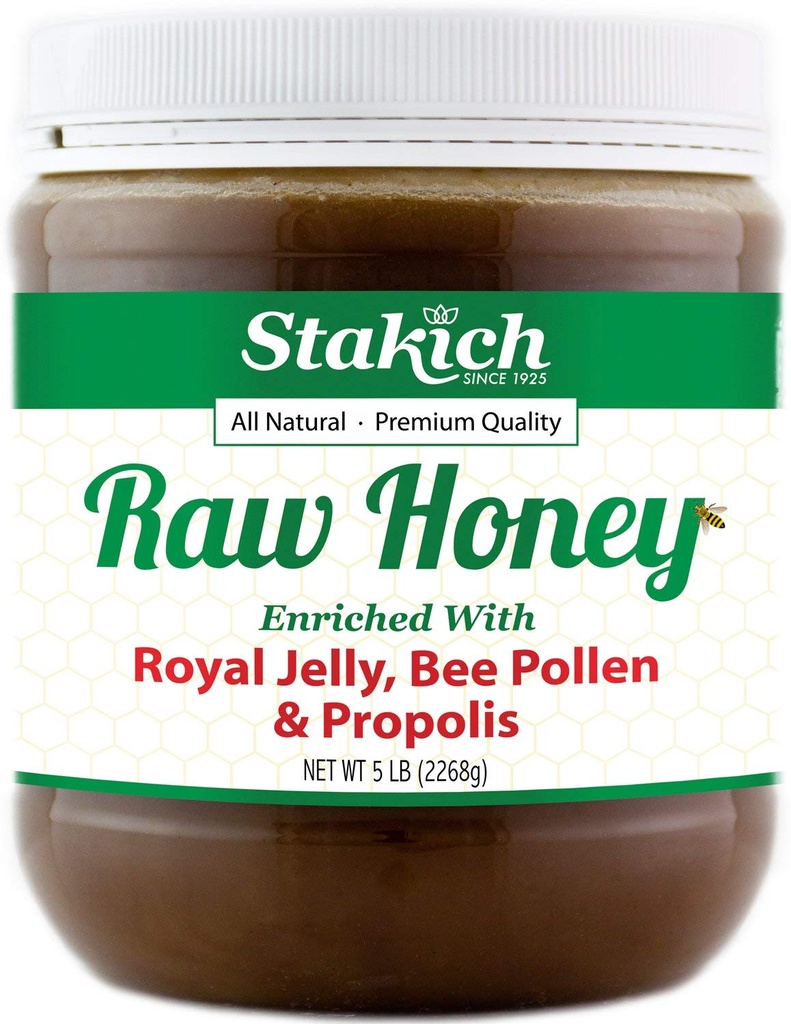 Stakich Royal Jelly, Bee Pollen, Propolis Beriket Rå Honning - Ren, Ubearbeidet, Oppvarmet - 5 pund (80 Ounce)