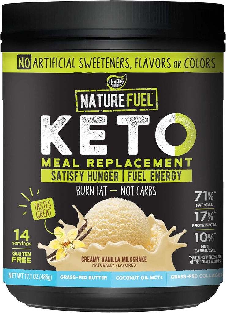 Natur drivstoff ketomåltid erstatning pulver - Glutenfri med kokosolje MCTs og grais-fed smør - creamy vanilla milkshake - 14 serveringer - Pantry Vennlig, 17,1 fl Oz