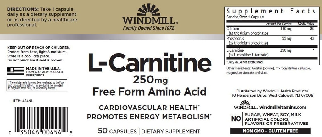 Vindmølle L-karnitin 250 mg Kapsler 50 greve (3 pakke)