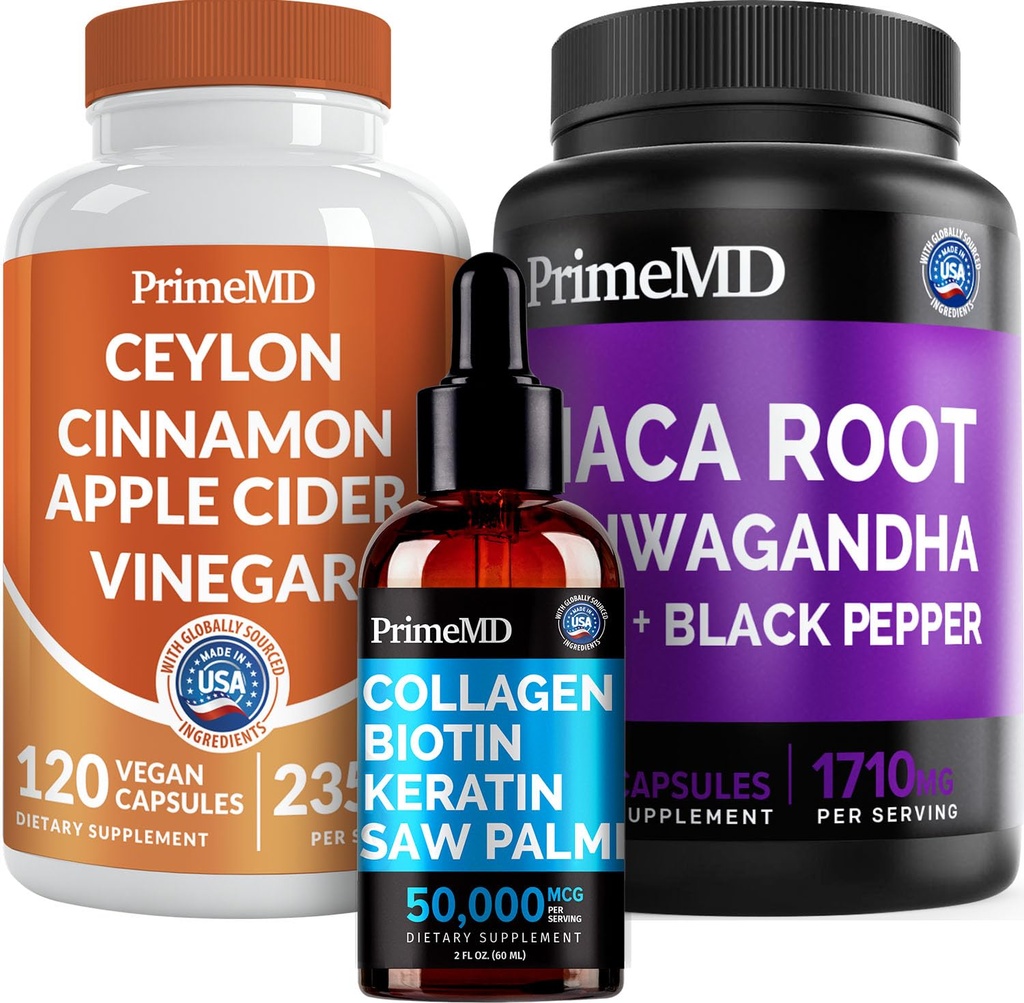 5-i-1 Ceylon Cinnamon (120ct), 4-i-1 Biotin kollagen Keratin Sag Palmetto (2 fl oz - 1 Pack) & 6-i-1 Maca Root Ashwagandha (120ct) Bundle - Energi, Mood, hår, hud og immunstøtte Supplement