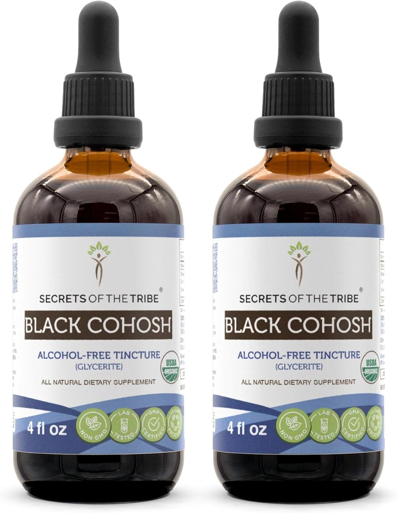Hemmeligheter i Tribe Black Cohosh USDA Økologisk | Alkohol-fri ekstrakt, høy potens Herbal Drops | Laget av 100% sertifisert organisk svart cohosh (cimicifuga Racemosa) Tørket rot 2x4 oz