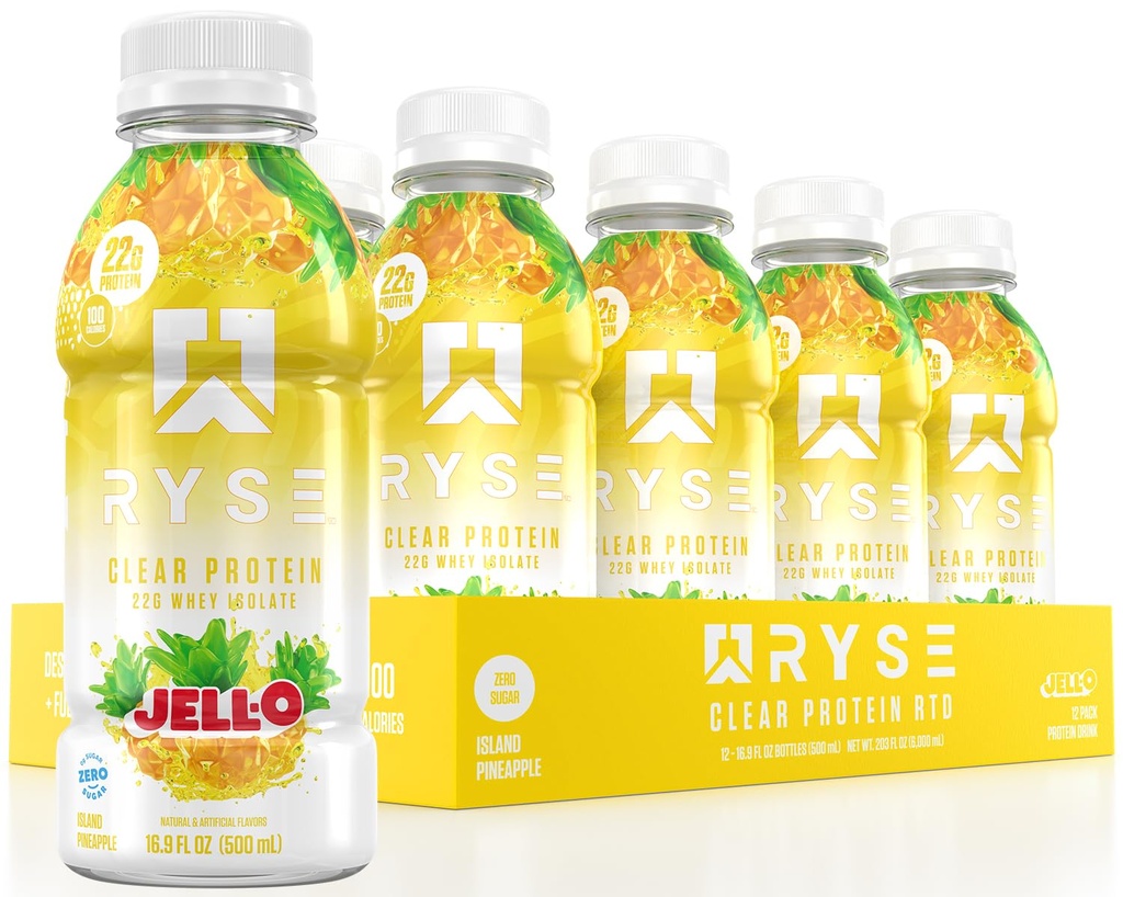 RYSE Clear Protein Drink - Jell-O Island Pineapple - 100 kalorier, 22g Whey Isolate Protein Shake, Sukker-fri, 0g Fat & Laktose-fri - Forfriskende Ready-to-Drink Drikke - 16,9 fl oz Flasker (12-Pack)