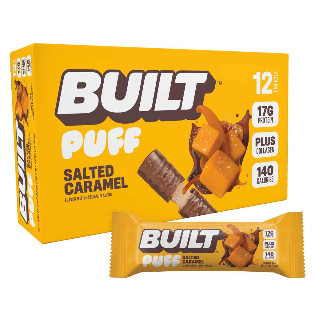 Bygget Bar, Puff Protein Bars, Saltet Caramel Puff, 17g Protein Snacks, On-The-Go Bars, Bare 140 kalorier, 6g Sukker, kollagen, Glutenfri, 12 greve