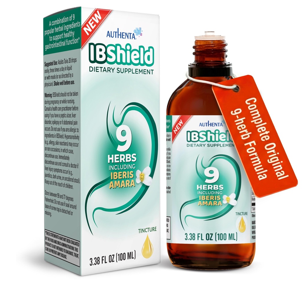 IBShield Tincture 100ml | 6+3=9 Urter | Iberis Amara, Peppermynte, Kamille, Lemon Balm, Caraway, Licorice, Angelica, Celandine & Mary's Thistle | Original Herbal Formula støtter Digestive Wellness